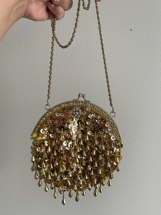 Handbags - Gold Beaded Evening Clutch with Chain Strap